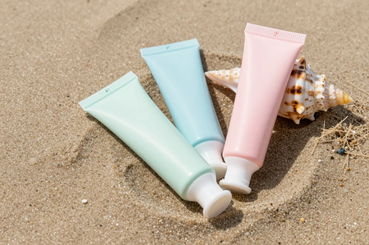 Three blank pastel squeeze tubes rest next to a spotted seashell on fine beach sand.