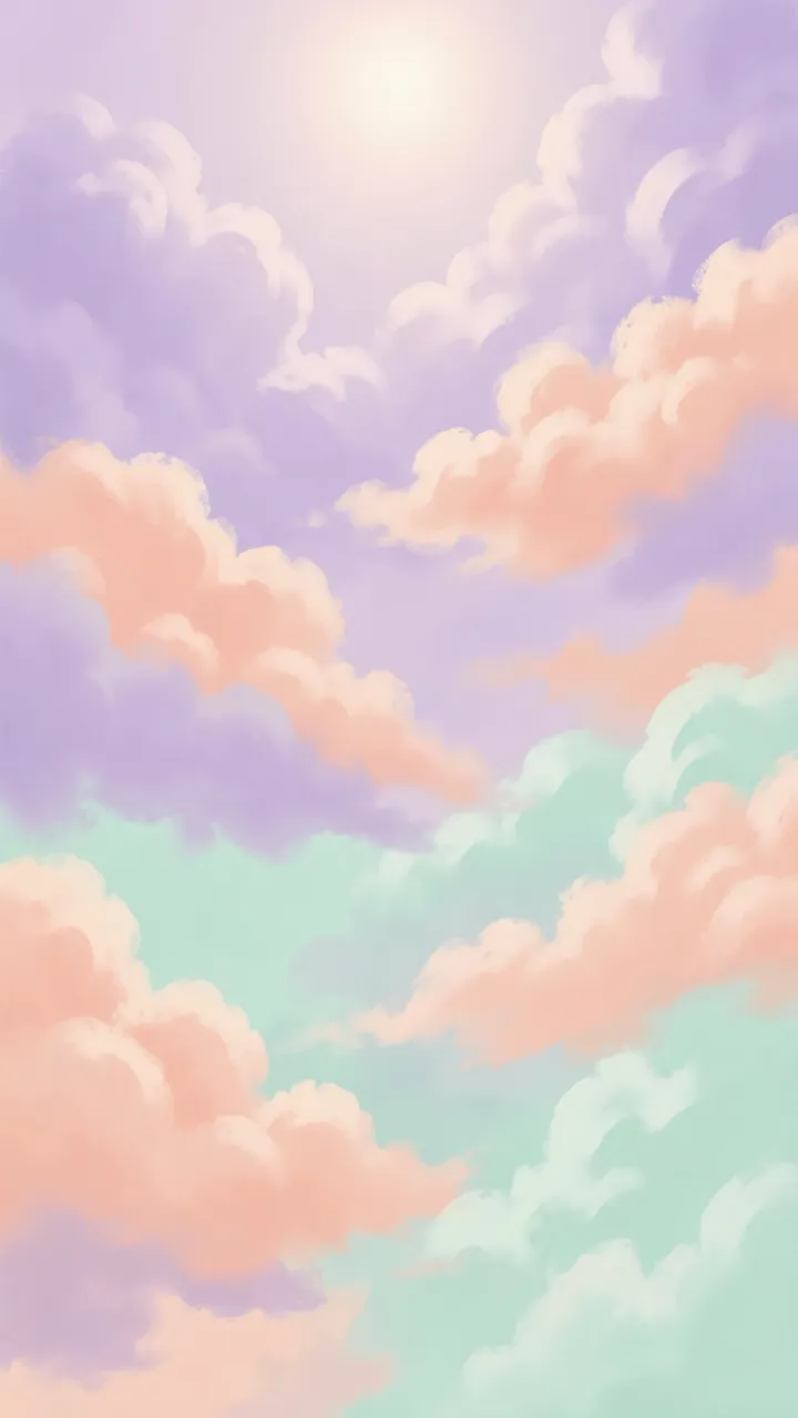 Soft airbrush vertical wallpaper of lilac, peach and mint clouds with a faint glowing sun at the top