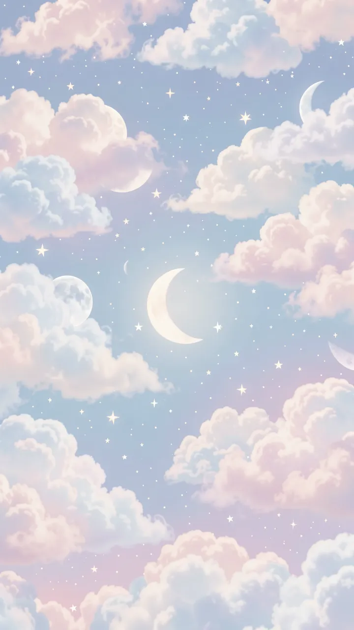 Dreamy vertical pastel sky filled with fluffy gradient clouds, scattered glowing stars and multiple moons