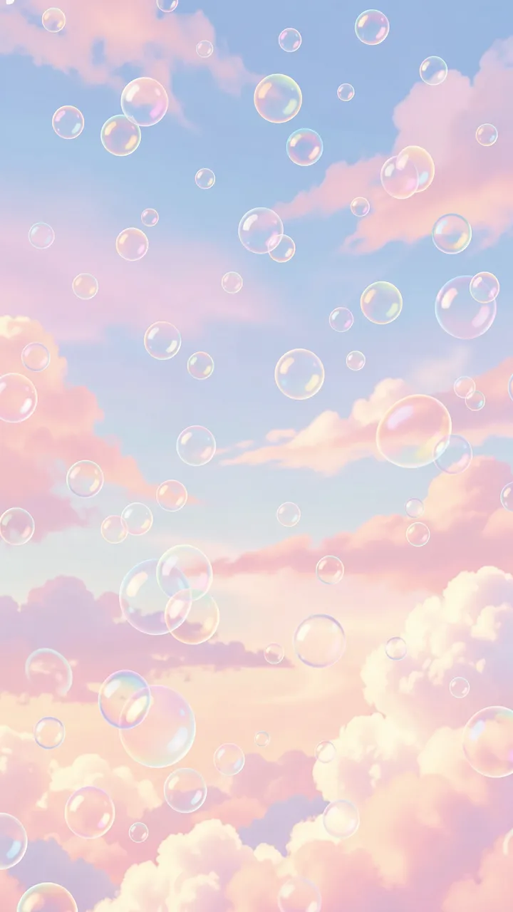 Iridescent soap bubbles float across a dreamy pastel pink and blue clouded sky.