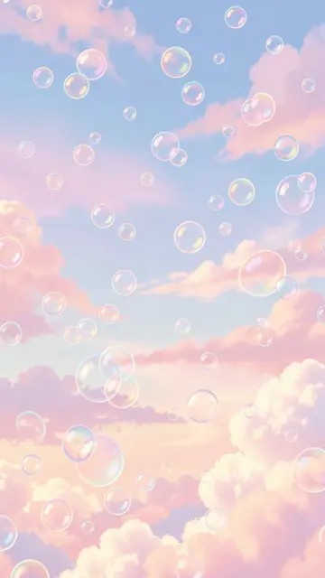 Iridescent soap bubbles float across a dreamy pastel pink and blue clouded sky.