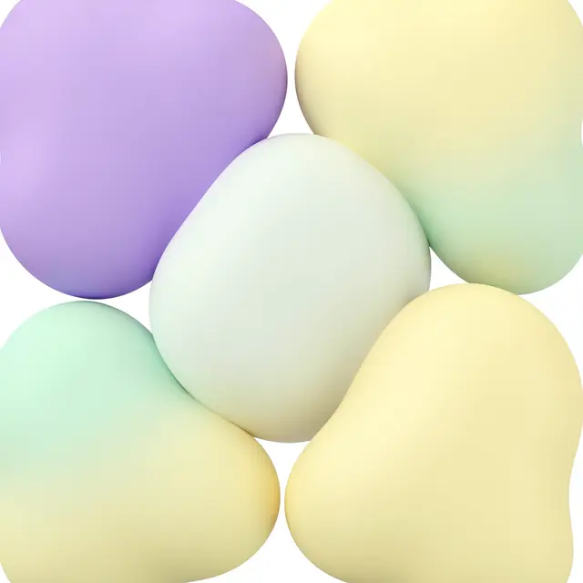 Smooth rounded abstract blob forms in lilac, mint, and butter yellow sit on a clean white background