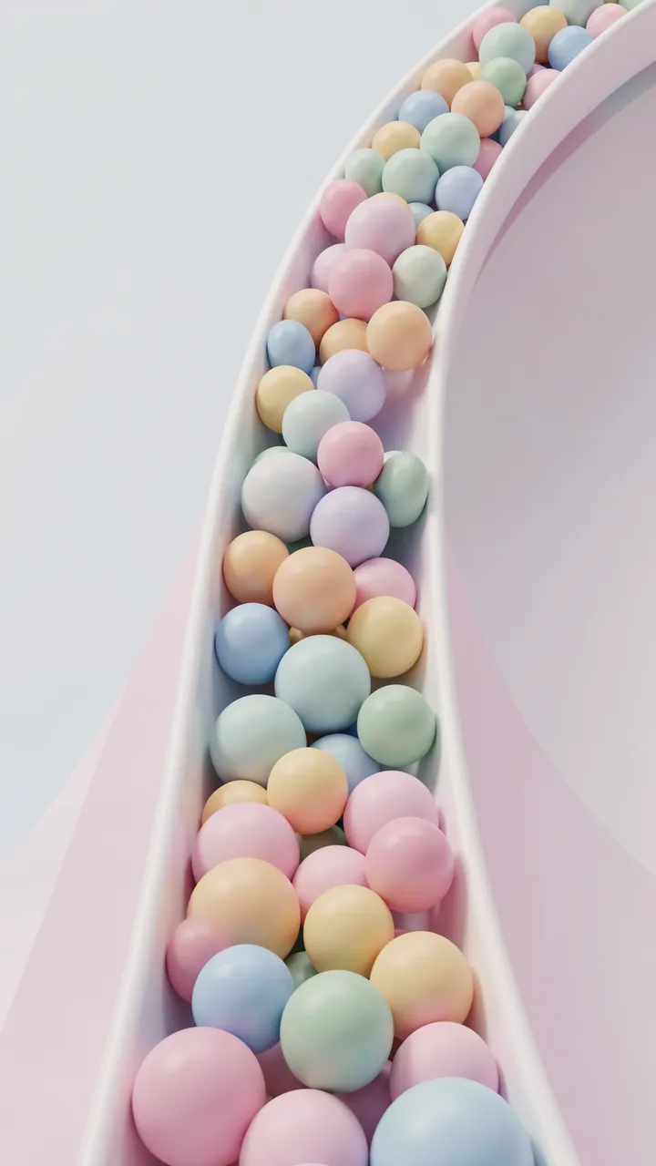 Smooth pastel colored spheres rest inside a tall curved white ramp against a pale background
