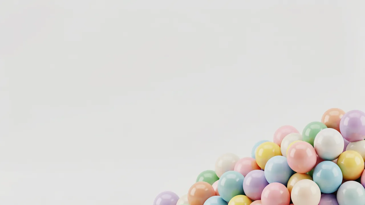 Glossy pastel 3D spheres clustered in the bottom right corner with empty light gray space on the left