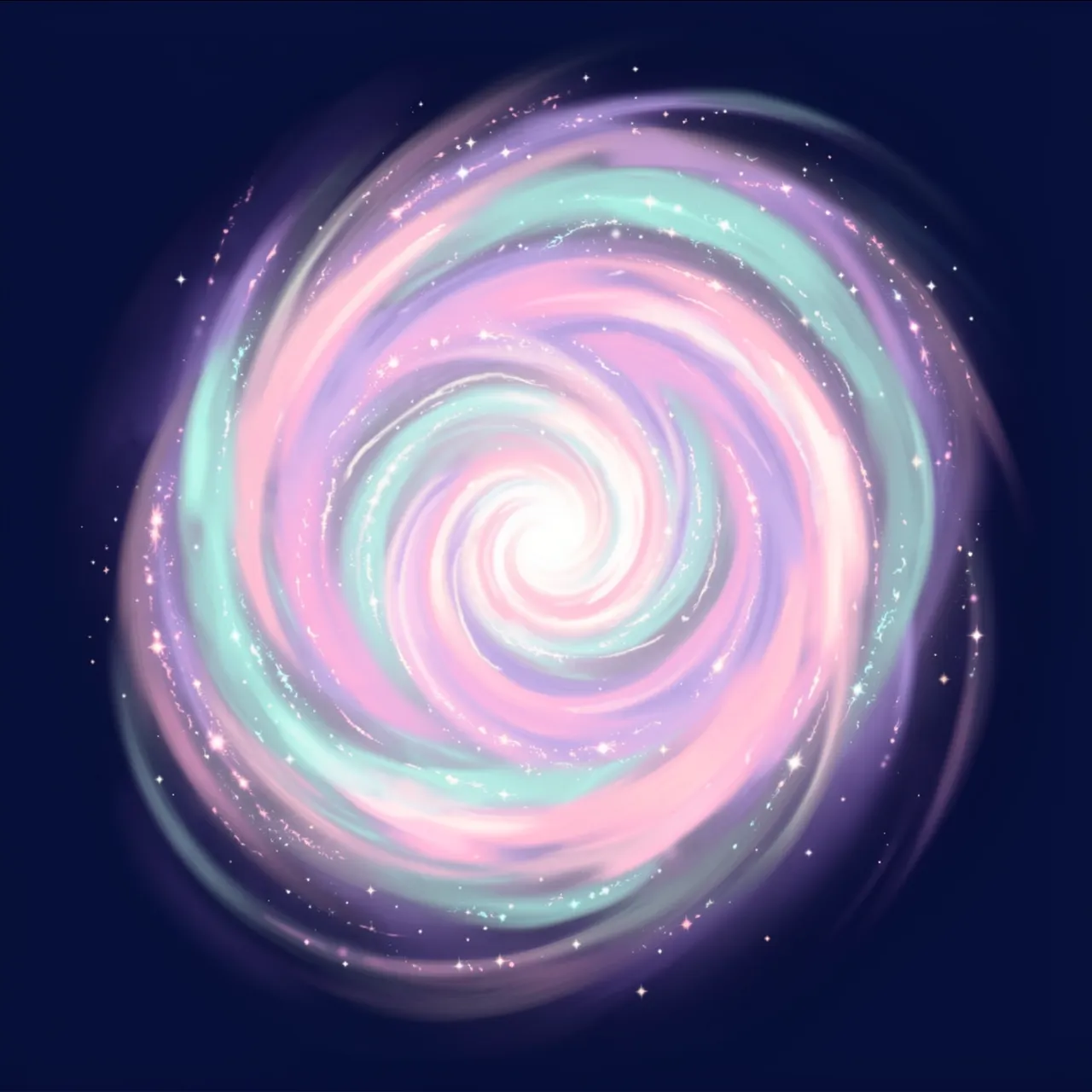 Dreamy soft pastel spiral galaxy with sparkling stars on a deep navy space background
