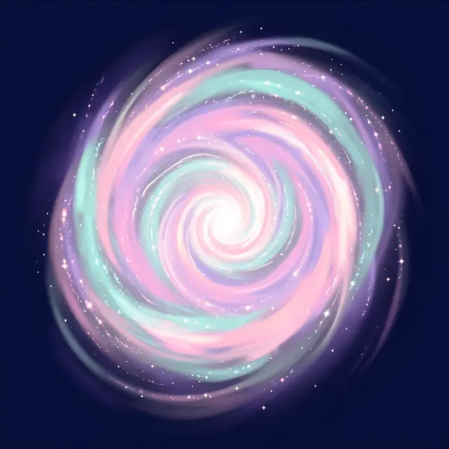 Dreamy soft pastel spiral galaxy with sparkling stars on a deep navy space background