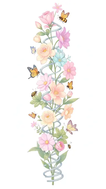 Vertical illustration of pastel spring flowers, bees, butterflies twisted with a light spiral element on a white background