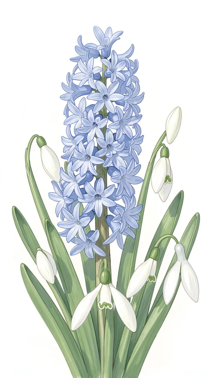 Soft pastel botanical illustration of blue hyacinth and white snowdrop flowers against a plain white background