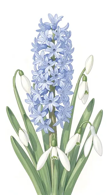 Soft pastel botanical illustration of blue hyacinth and white snowdrop flowers against a plain white background