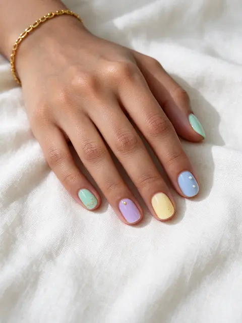 A South Asian woman's hand with mismatched pastel nails rests on soft white linen fabric, wearing a thin gold chain bracelet.