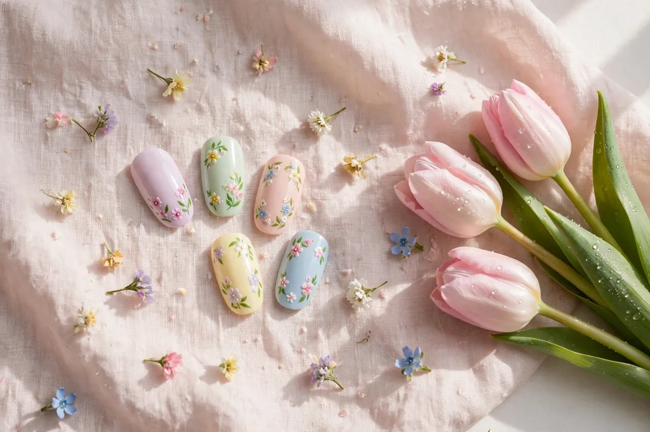 Floral press-on nail tips rest on pale pink linen beside fresh pink tulips and scattered tiny flowers in soft morning light