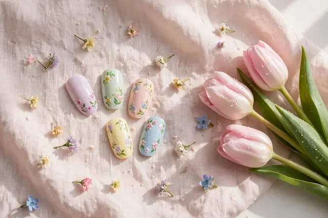 Floral press-on nail tips rest on pale pink linen beside fresh pink tulips and scattered tiny flowers in soft morning light