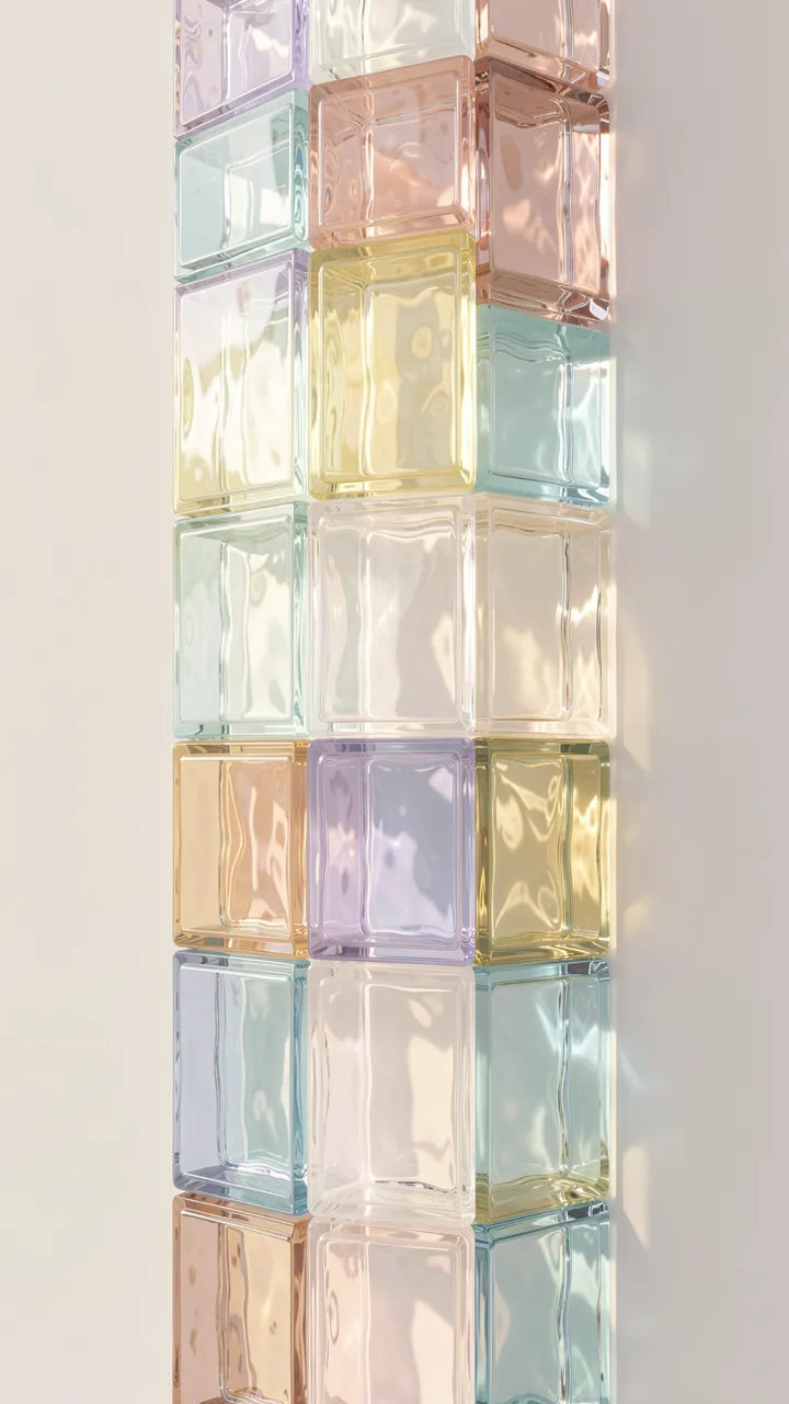 Stacked translucent pastel glass blocks catch soft sunlight against a plain neutral background
