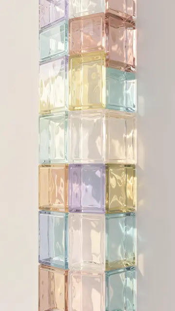 Stacked translucent pastel glass blocks catch soft sunlight against a plain neutral background