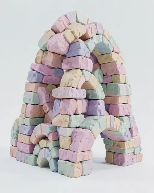 3D render of stacked rough stone blocks forming layered arches in soft pastel shades against a pale neutral background