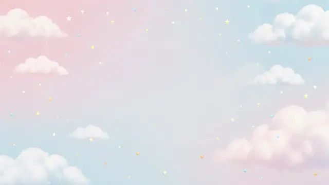 Soft gradient pastel sky dotted with fluffy clouds and tiny sparkling stars, with empty central copy space