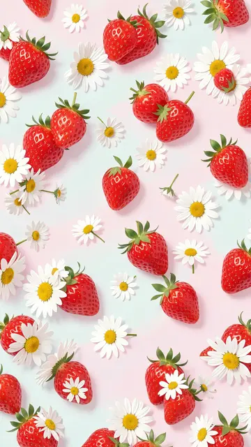 Scattered bright red strawberries and white daisies over a soft pink and pale blue gradient background