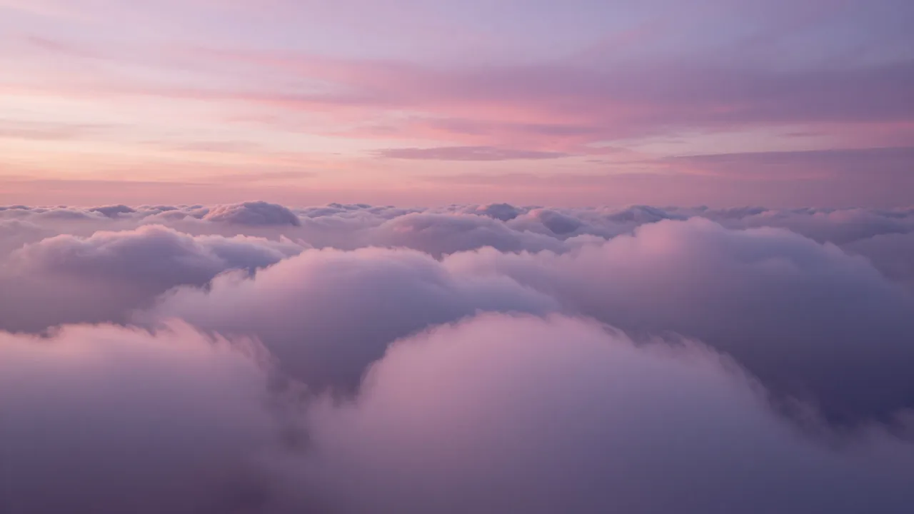 Soft pink and lilac clouds stretch across the frame, viewed from above during a gentle sunset.