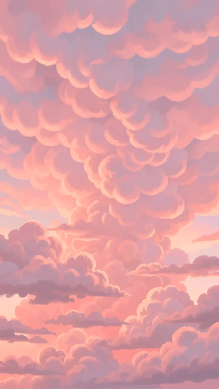 Painterly vertical view of soft pink and lavender mammatus clouds glowing in post-sunset light