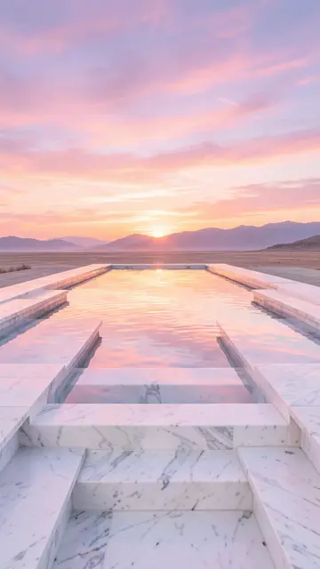 A shallow marble pool reflects a soft pastel sunset over distant desert mountains