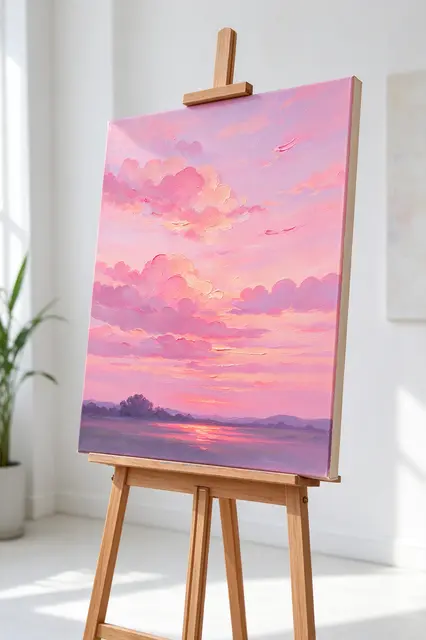 A wooden easel holds an acrylic canvas of pink dusk clouds in a bright white sunlit room