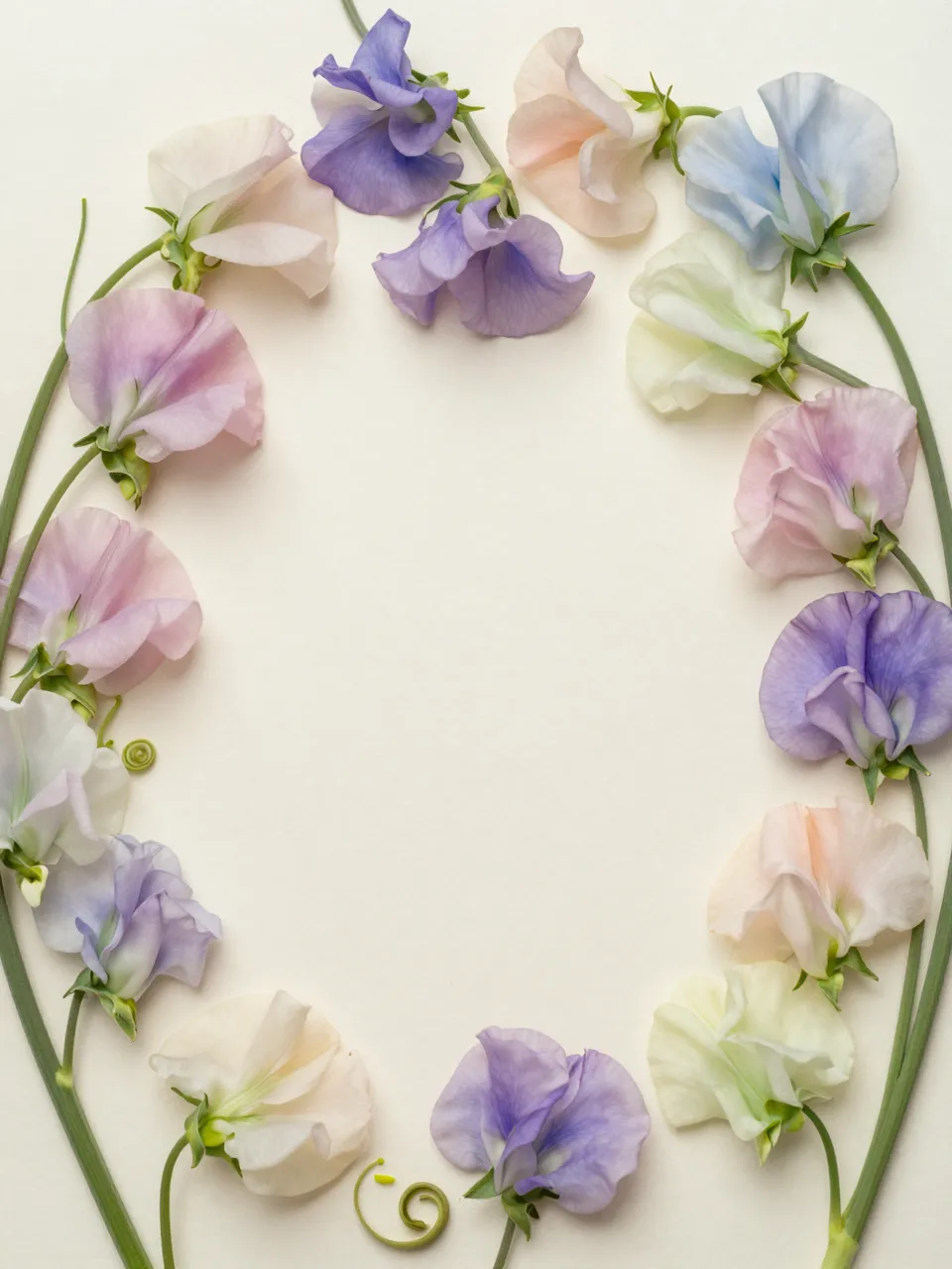 Overhead view of pastel sweet pea flowers arranged in a frame around blank ivory paper with empty central copy space