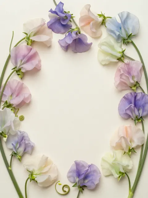 Overhead view of pastel sweet pea flowers arranged in a frame around blank ivory paper with empty central copy space