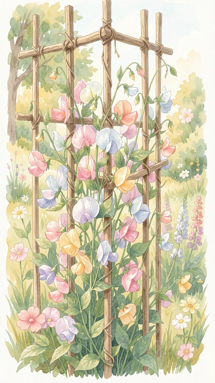 Watercolor illustration of pastel sweet peas climbing a wooden twine trellis in a sunny cottage garden