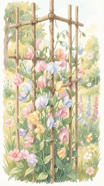 Watercolor illustration of pastel sweet peas climbing a wooden twine trellis in a sunny cottage garden