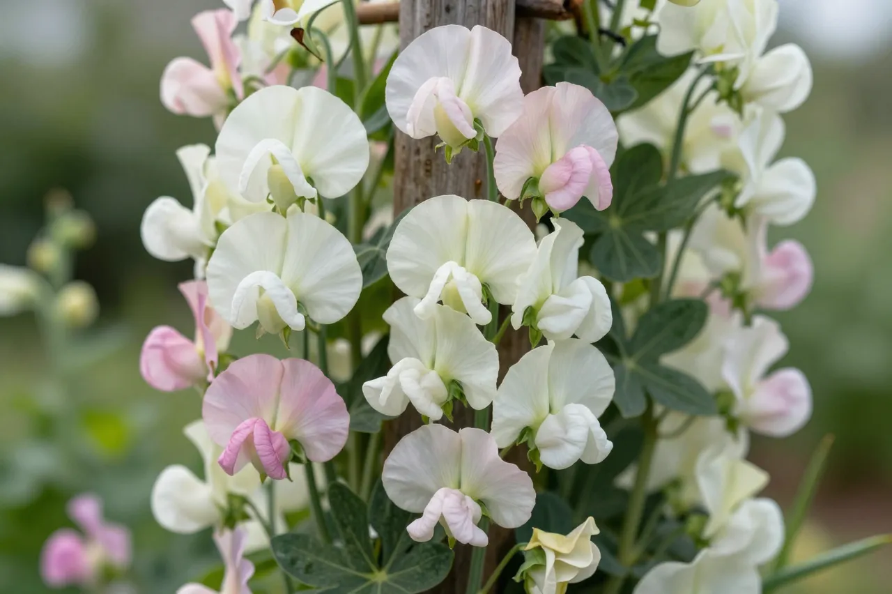 Pale pink and white sweet pea flowers climb a wooden garden trellis with soft blurred green background