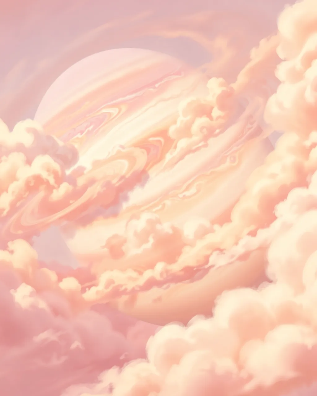Dreamy pastel gas giant framed by soft pink, peach and cream fluffy cosmic clouds