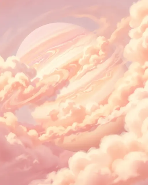 Dreamy pastel gas giant framed by soft pink, peach and cream fluffy cosmic clouds