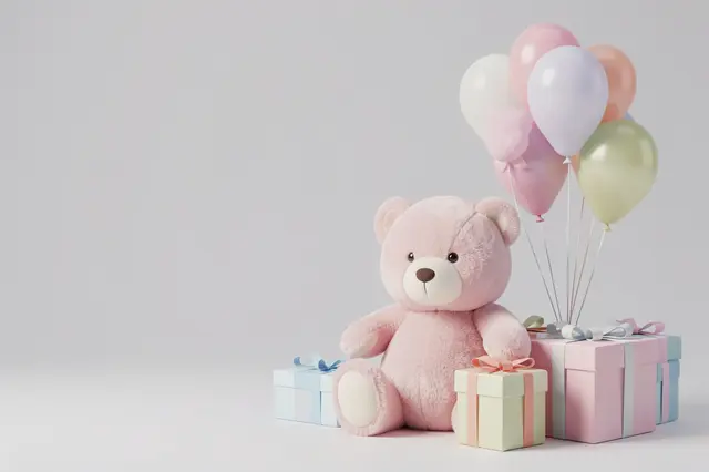 A soft pink plush teddy bear sits beside pastel gift boxes and balloons with empty copy space on the left