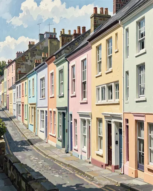Gouache painting of a row of pastel terraced houses lining a steep sunlit street under a cloudy blue sky