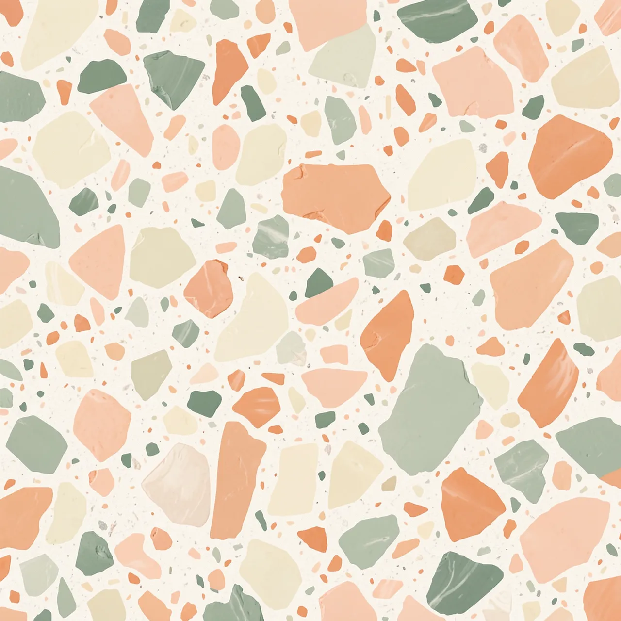 Seamless terrazzo texture with irregular peach, sage and cream chips set in a pale off-white base