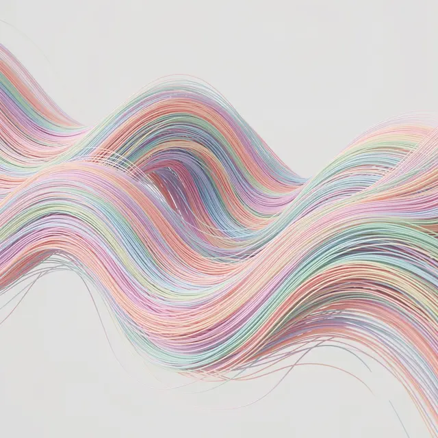 Flowing undulating wave of fine pastel threads against a soft light gray background