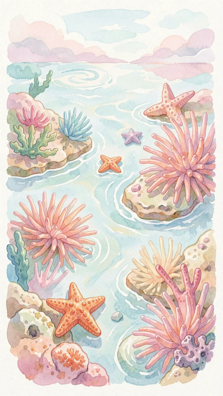 Soft pastel gouache illustration of a shallow tide pool with starfish, sea anemones and distant coastal sky.