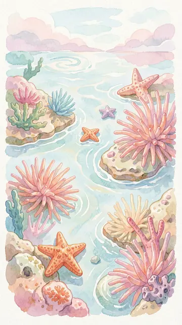 Soft pastel gouache illustration of a shallow tide pool with starfish, sea anemones and distant coastal sky.
