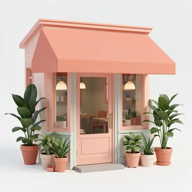 Minimal 3D render of a tiny pastel shop with a coral awning and potted plants against a plain light background