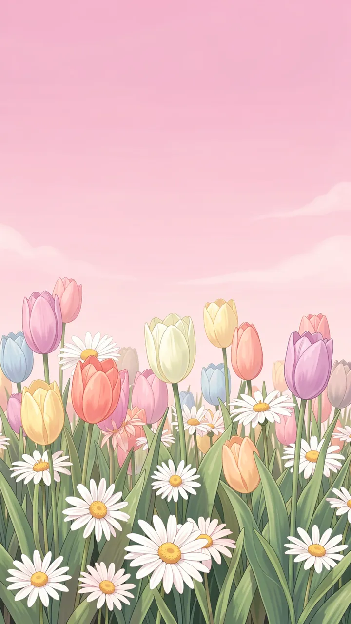 Vertical illustration of pastel tulips and white daisies growing beneath a soft pink sky with wispy clouds