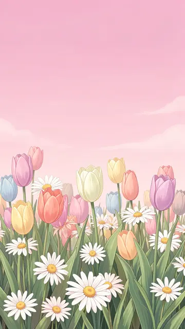 Vertical illustration of pastel tulips and white daisies growing beneath a soft pink sky with wispy clouds