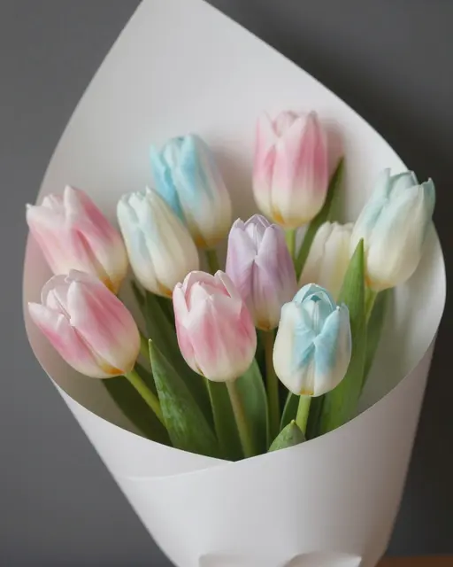 A close-up of a bouquet of soft pastel tulips wrapped in plain white paper against a muted gray background