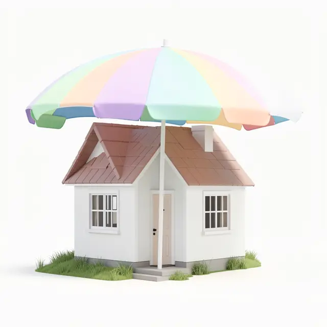 A 3D render of a small white house sheltered under a large pastel striped umbrella on a grass patch