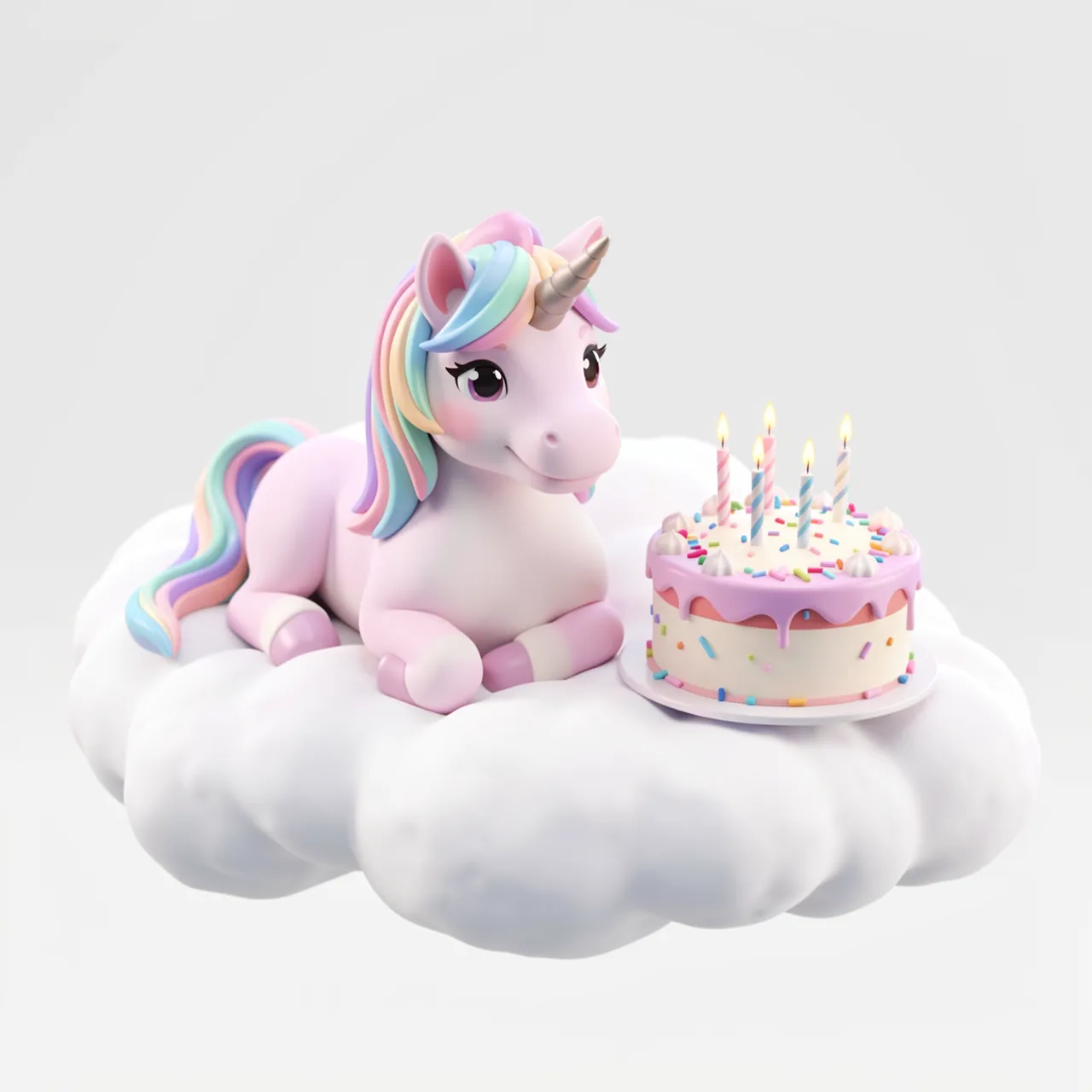 Cute pastel 3D unicorn lies on a fluffy cloud next to a sprinkled birthday cake with lit candles