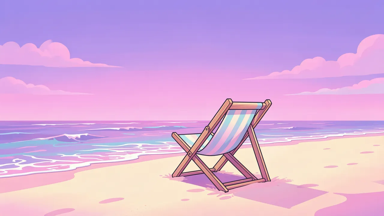 A striped wooden deck chair sits alone on a pastel beach under a gradient lilac and pink sky overlooking calm ocean waves