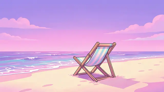 A striped wooden deck chair sits alone on a pastel beach under a gradient lilac and pink sky overlooking calm ocean waves