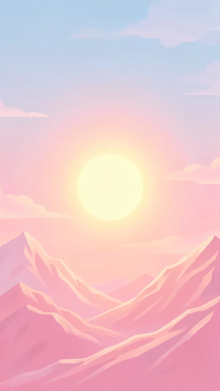 Glowing pale sun sits above soft pink layered mountains under a gradient pastel sky
