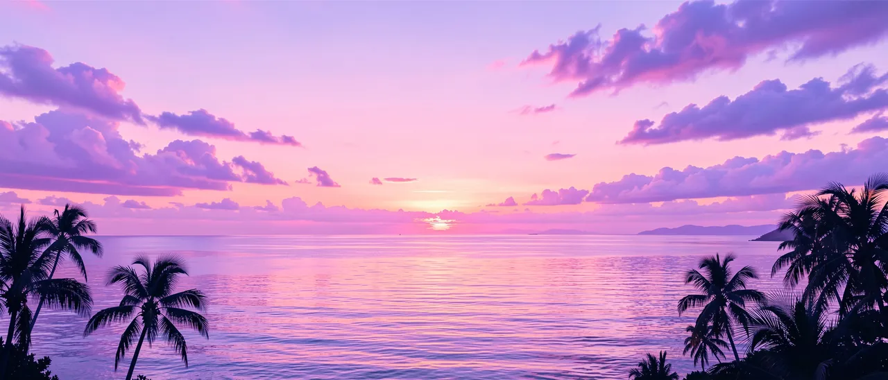 Silhouetted palm trees frame a calm pink and purple sunset over a still tropical sea