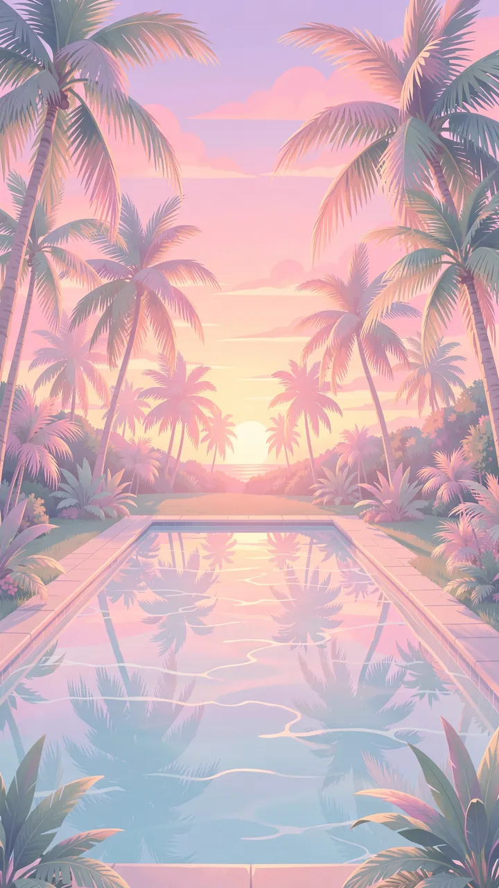 An empty rectangular pool surrounded by palm trees under a soft pastel pink and purple sunset sky