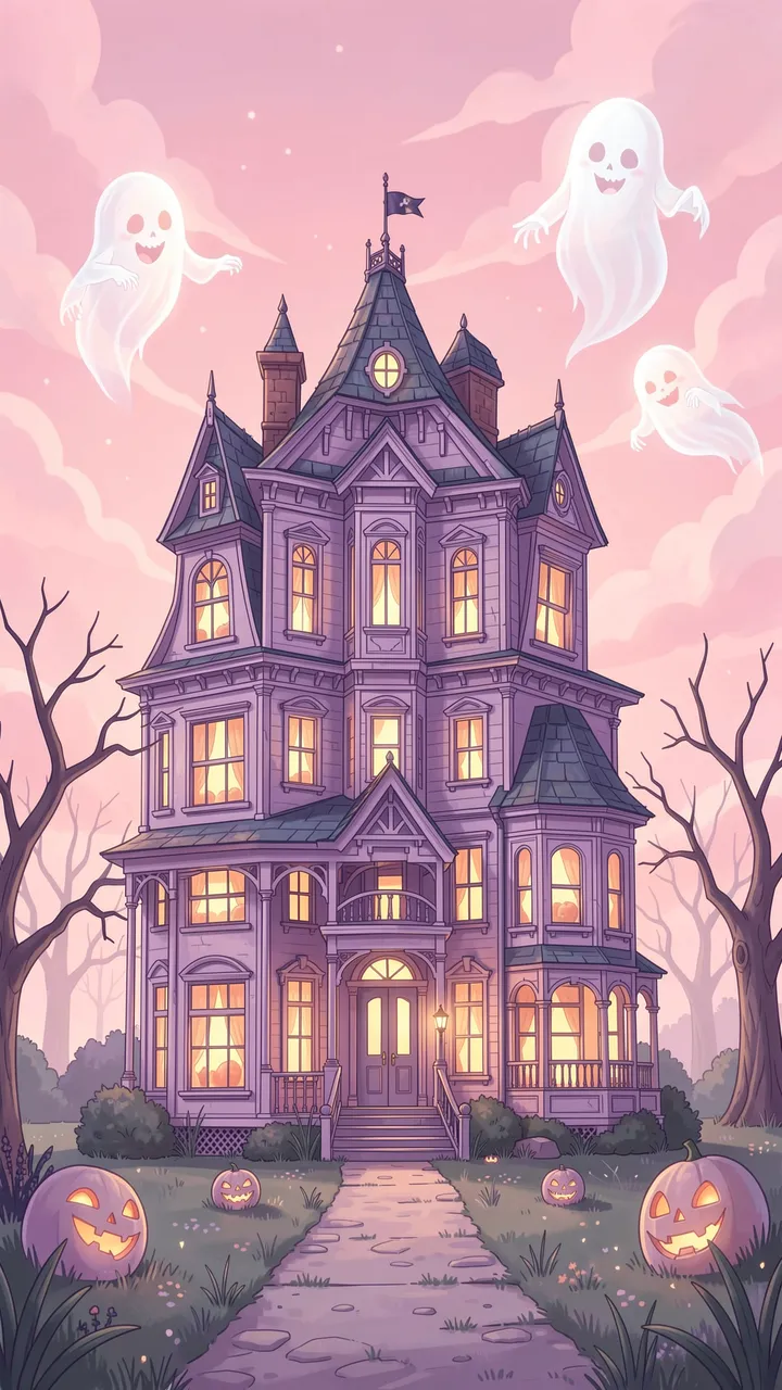 Lilac Victorian haunted house with glowing windows, floating ghosts and jack-o'-lanterns under a soft pink sky